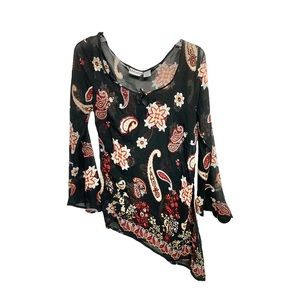 VTG 90s Y2K Goth Romantic Black Red Paisley Asymmetric Hem Blouse Flowy Med